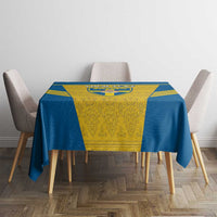 Square Sweden football tablecloth, blue sides with yellow crest panel and gold stripes.