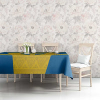 Sweden football tablecloth in blue with yellow center and gold diagonal stripes.