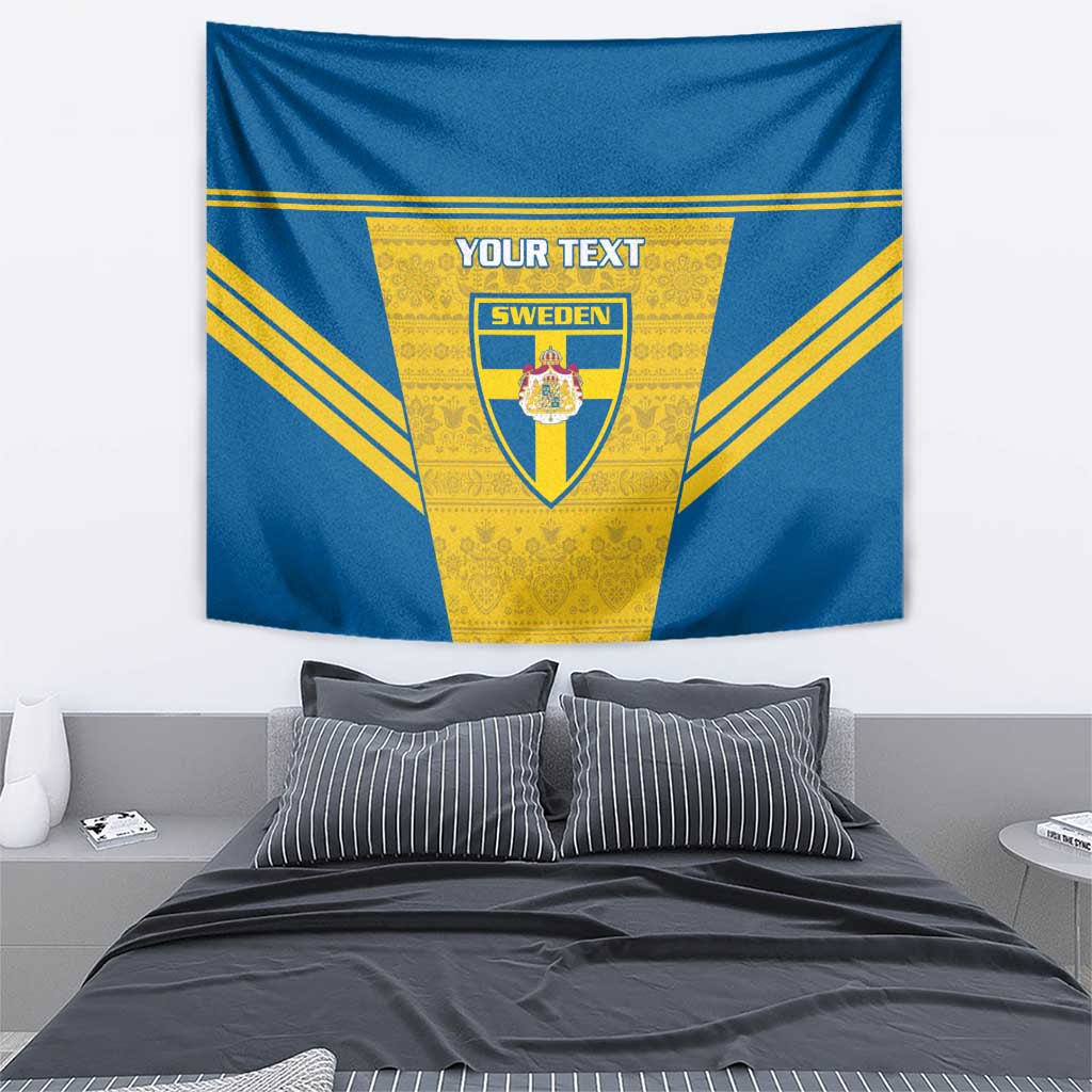 Blue Sweden football tapestry with yellow rays, Sweden crest, and custom text panel
