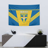 Blue football tapestry with yellow diagonal stripes and Sweden crest above custom text