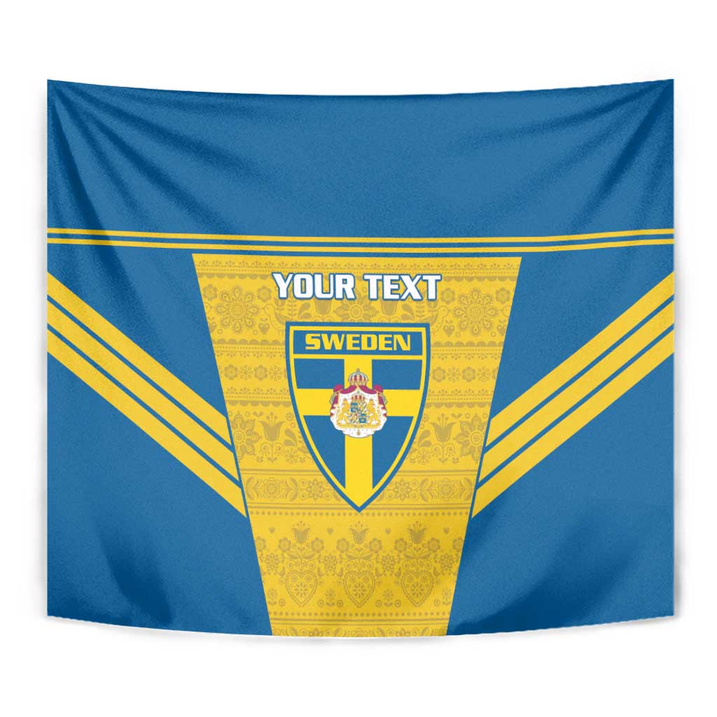 Blue wall tapestry with Sweden crest and YOUR TEXT banner on gold panel
