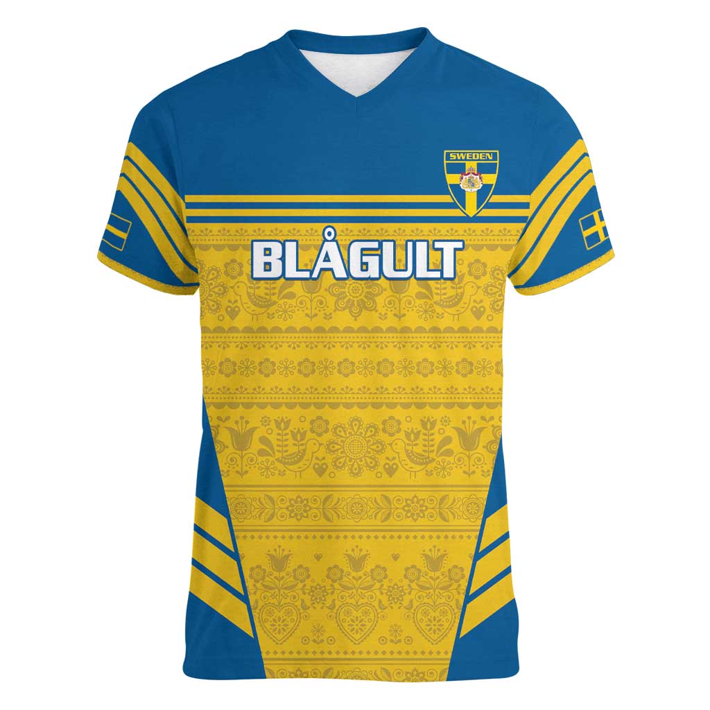 Custom Sweden Football Women V-Neck T-Shirt Go Blagult - Scandinavian Pattern