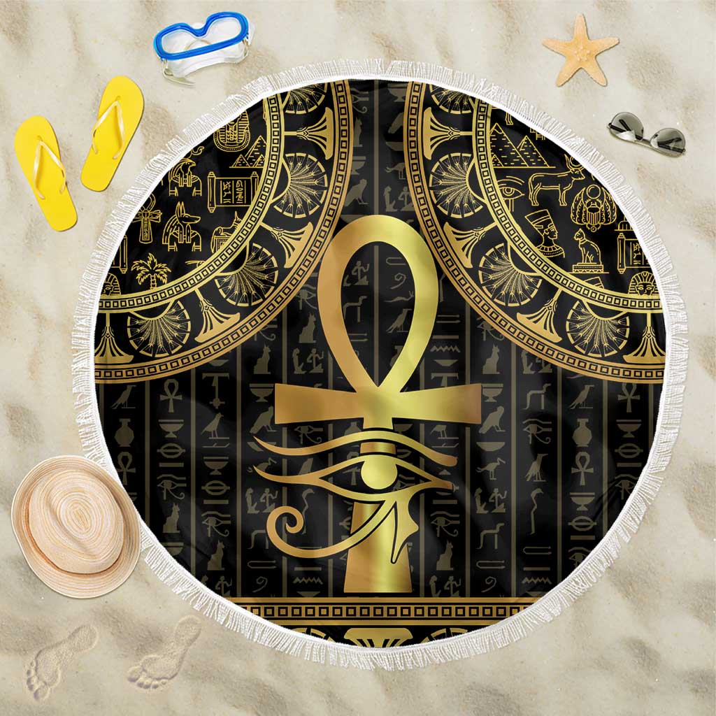 Black and gold Egyptian ankh and Eye of Horus beach blanket, round with white fringe