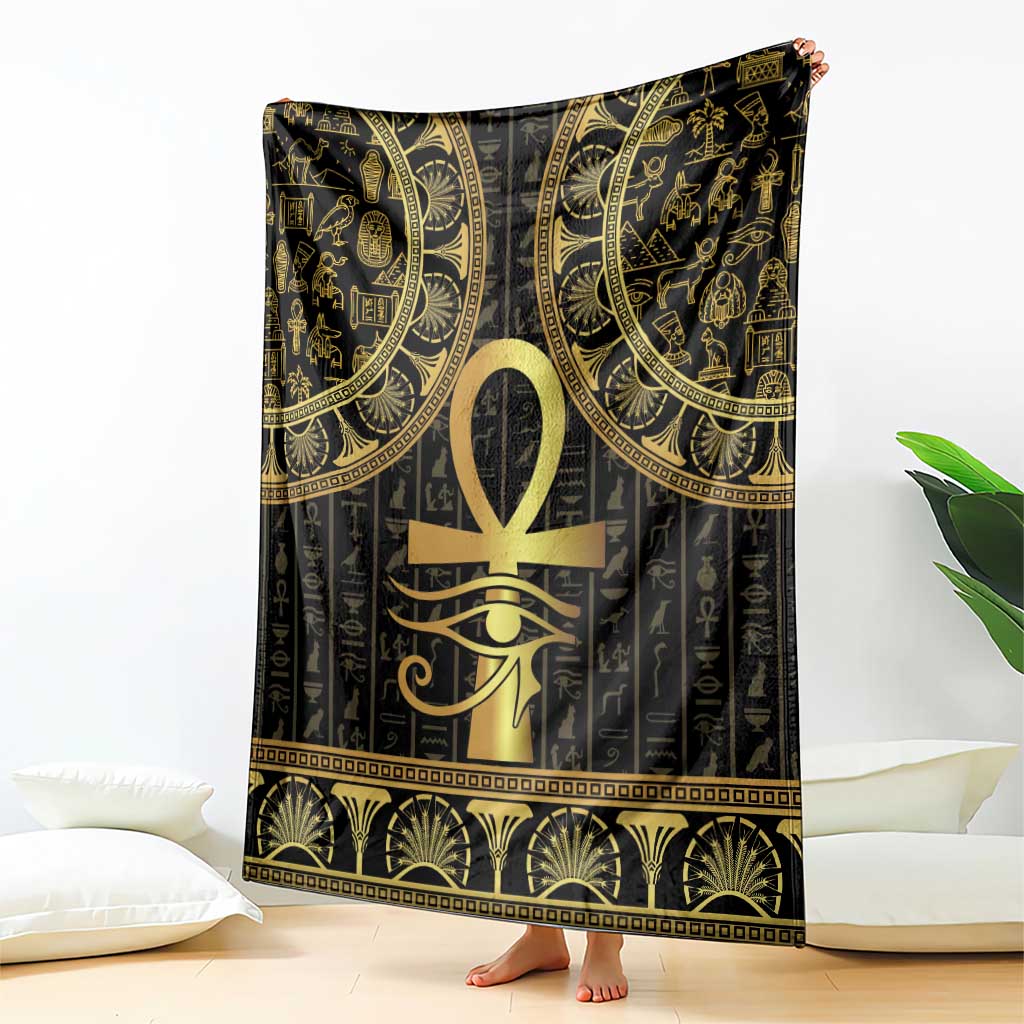 Black blanket draped upright with large gold Ankh and Eye of Horus center design