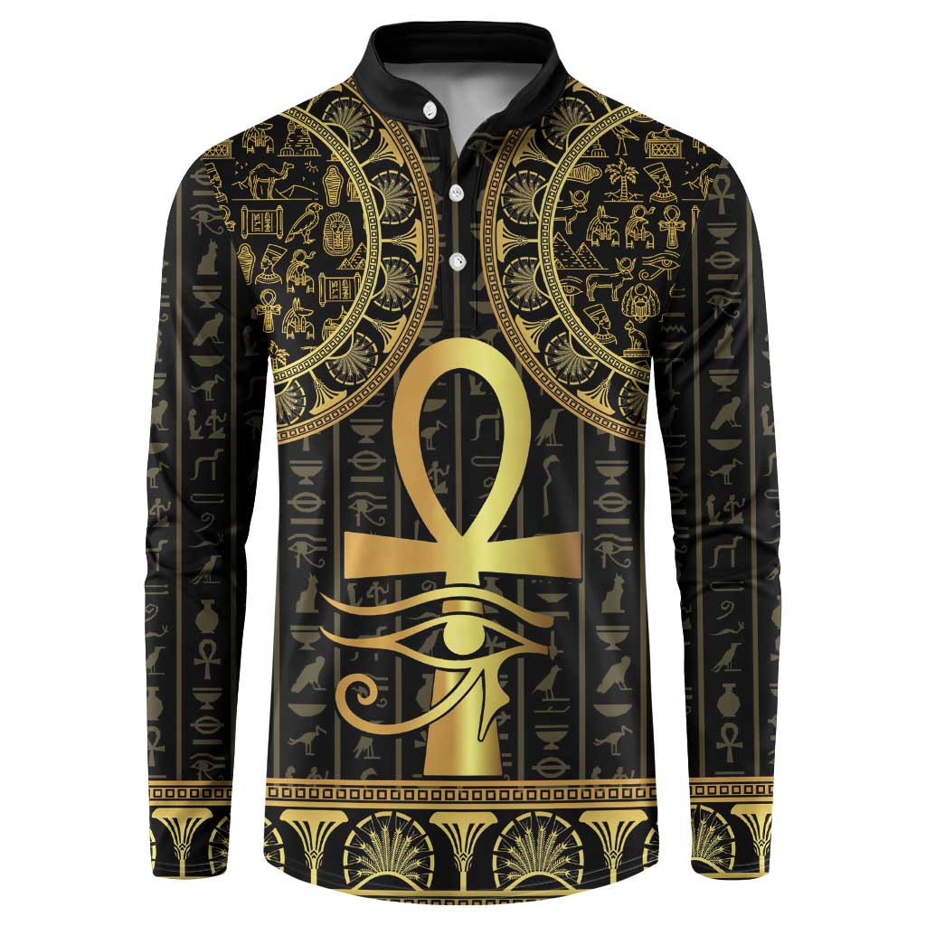 Black button-front sweatshirt with gold Egyptian ankh and Eye of Horus graphic