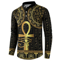 Black button-front sweatshirt with gold Egyptian hieroglyph and Eye of Horus emblem