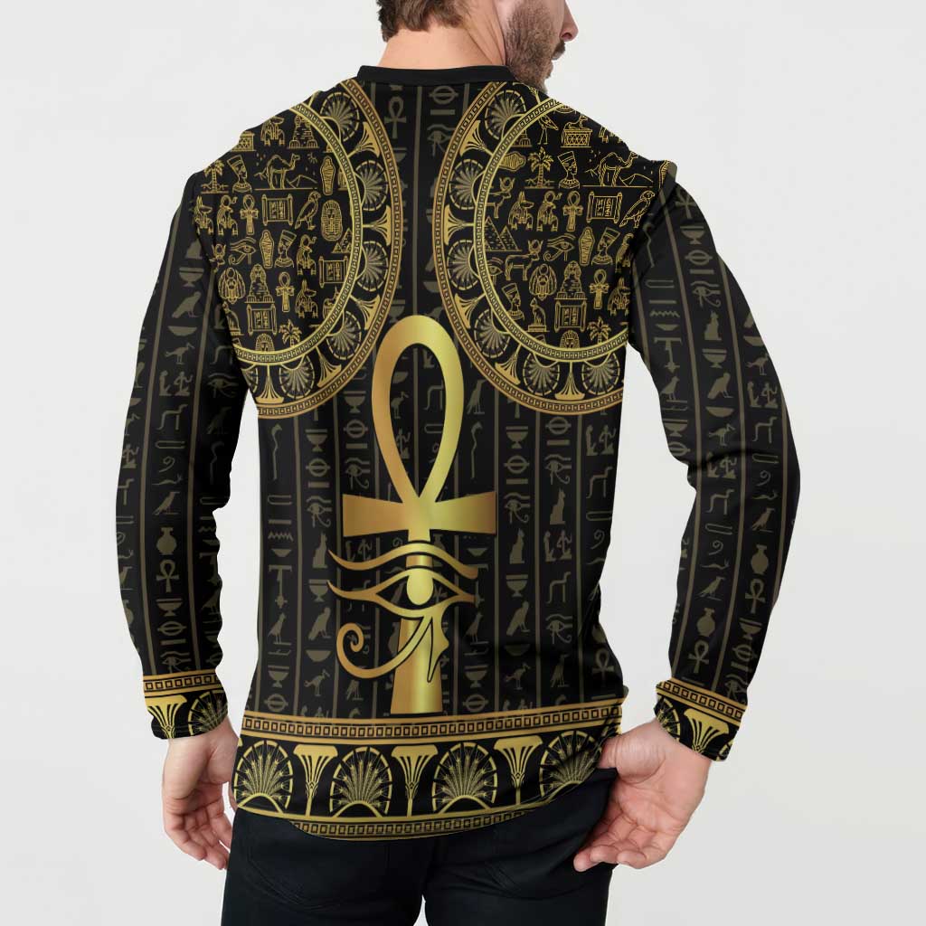 Black long-sleeve sweatshirt with gold Egyptian Eye of Horus ankh back print
