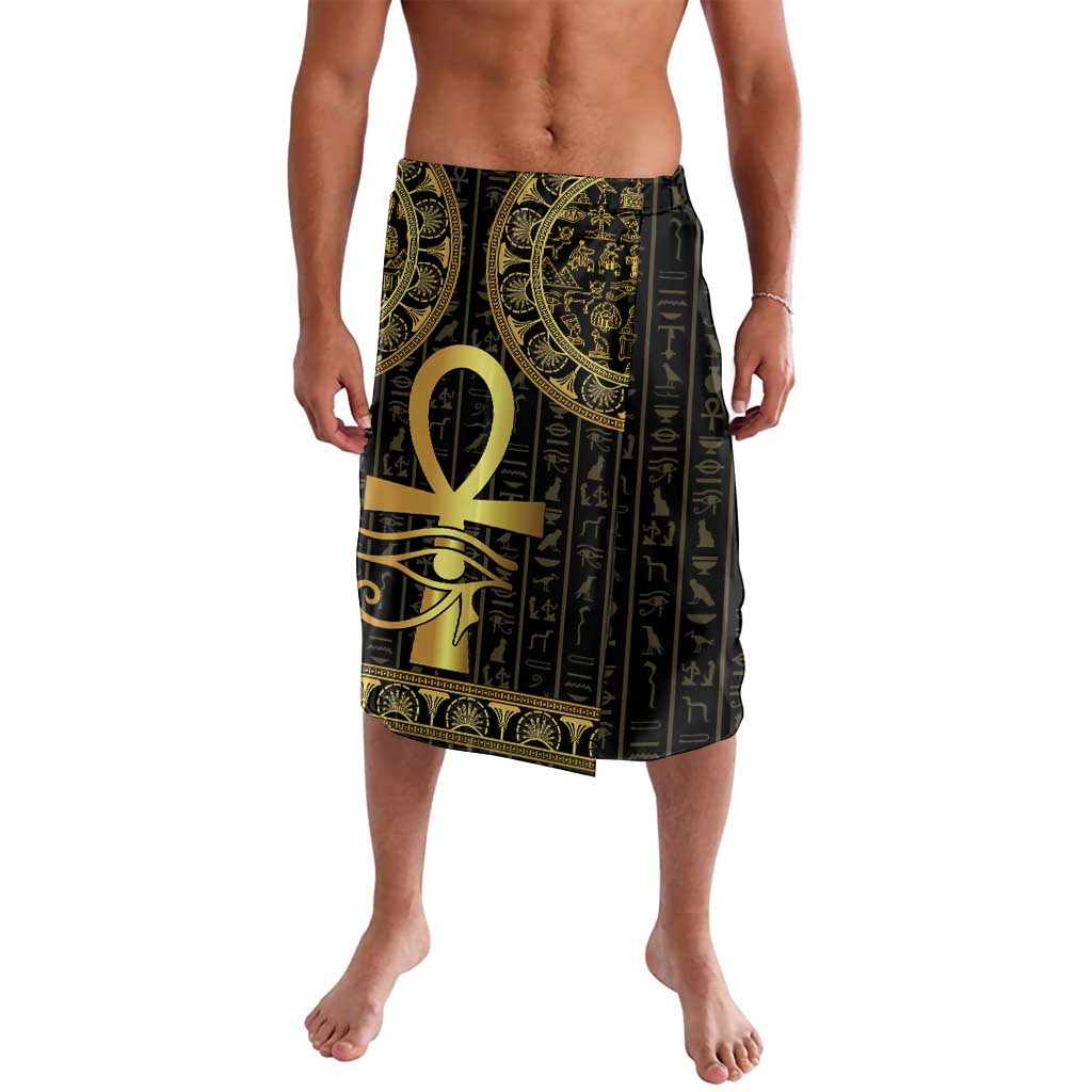 Black Egyptian hieroglyph wrap skirt with gold ankh and eye motifs