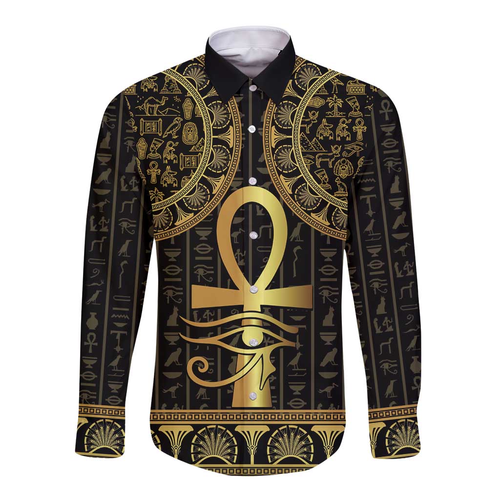 Black long-sleeve button shirt with gold ankh and Eye of Horus hieroglyph print