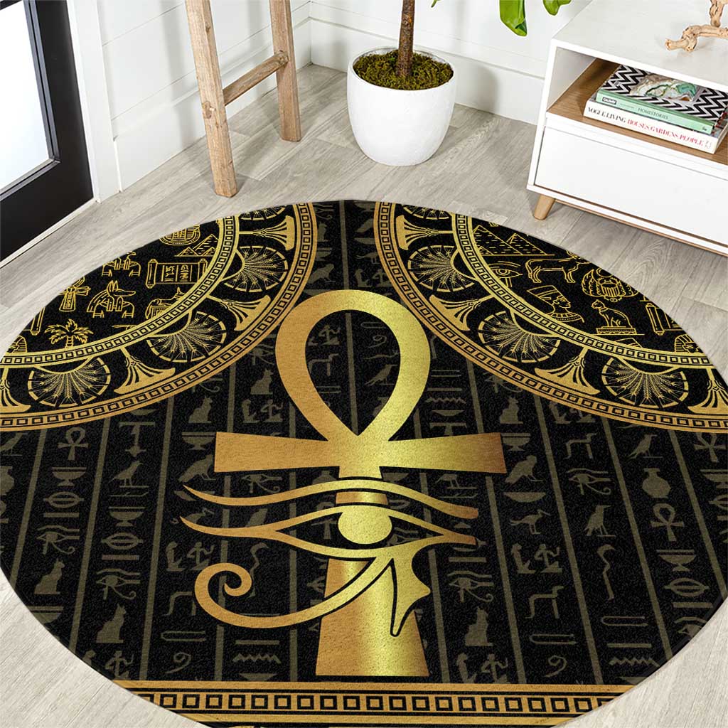 Black round rug with gold Ankh and Eye of Horus center medallion