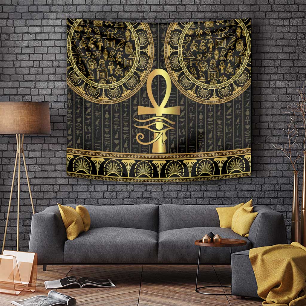 Egyptian tapestry showing gold ankh and eye of Horus symbols on dark fabric with decorative frame