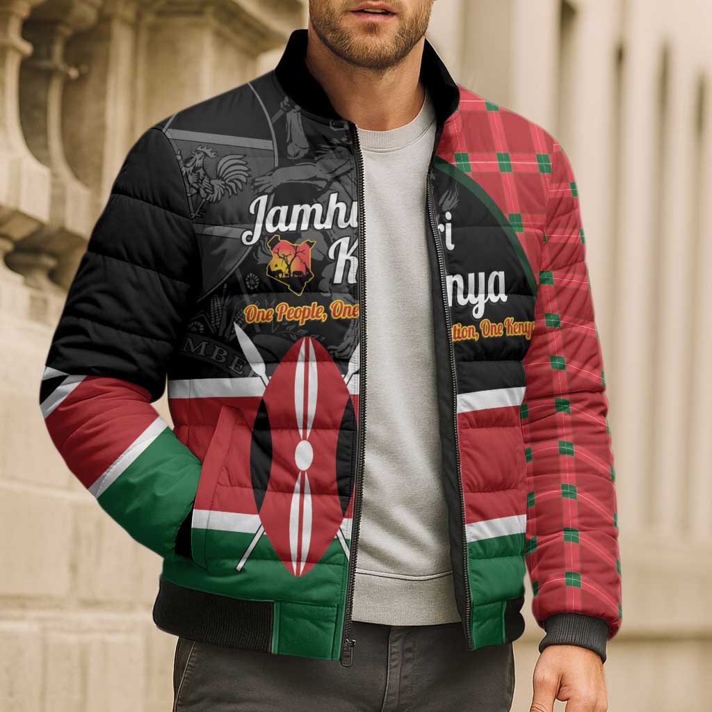 Kenya Jamhuri Day Bomber Puffer Jacket One People One Nation Massai Shuka Pattern - Wonder Print Shop