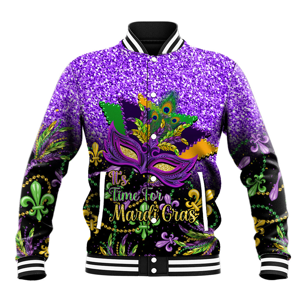 Purple glitter baseball jacket with Mardi Gras mask front graphic, snap button