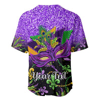 Purple Mardi Gras baseball jersey with feathered mask art and 'Your Text' print