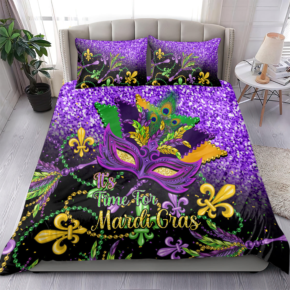 Purple Mardi Gras bedding set with ornate mask, fleur-de-lis decor, and "It’s Time for Mardi Gras"