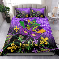Purple Mardi Gras bedding set with ornate mask, fleur-de-lis decor, and "It’s Time for Mardi Gras"