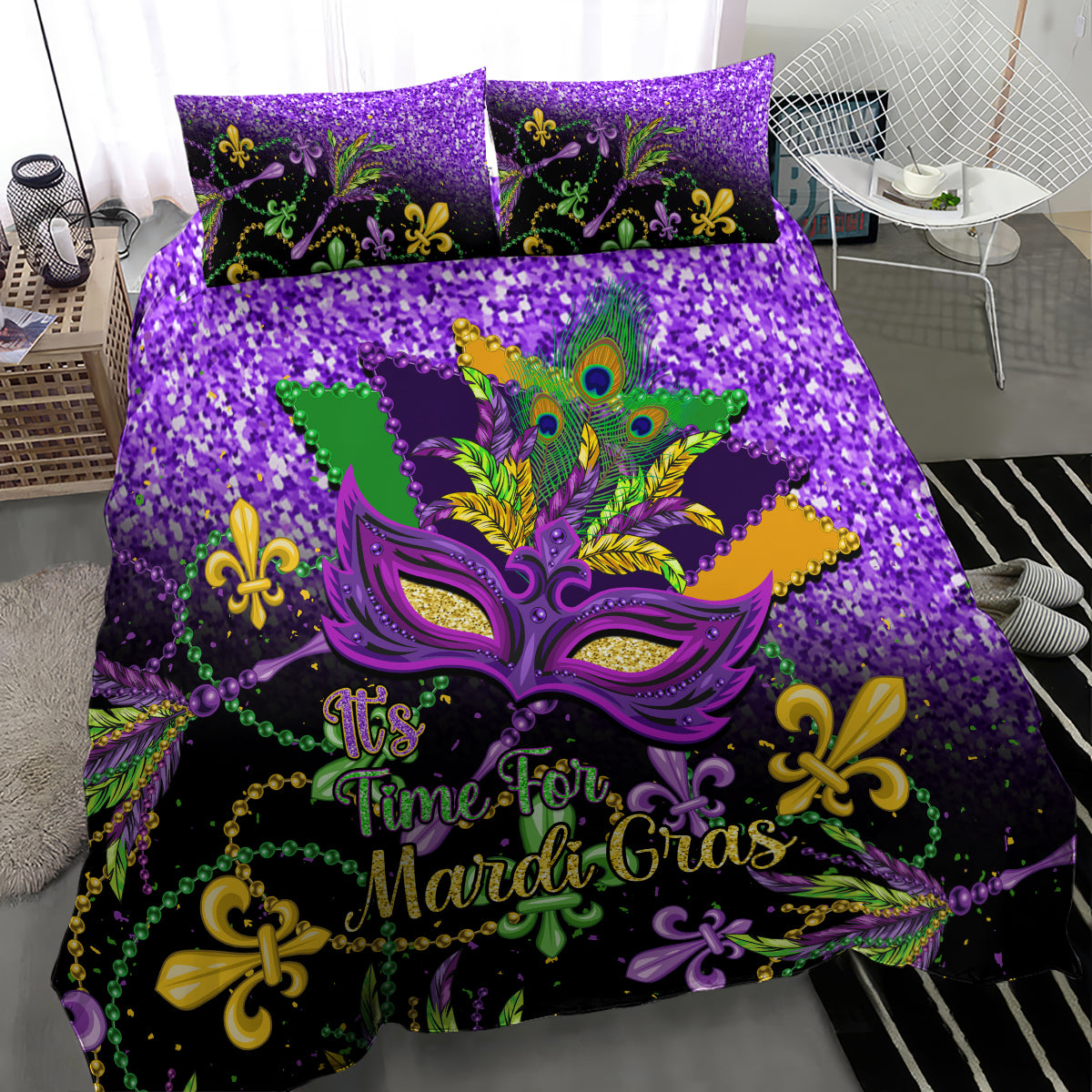 Purple Mardi Gras bedding set featuring colorful masquerade mask, peacock feathers, and "It’s Time for Mardi Gras"