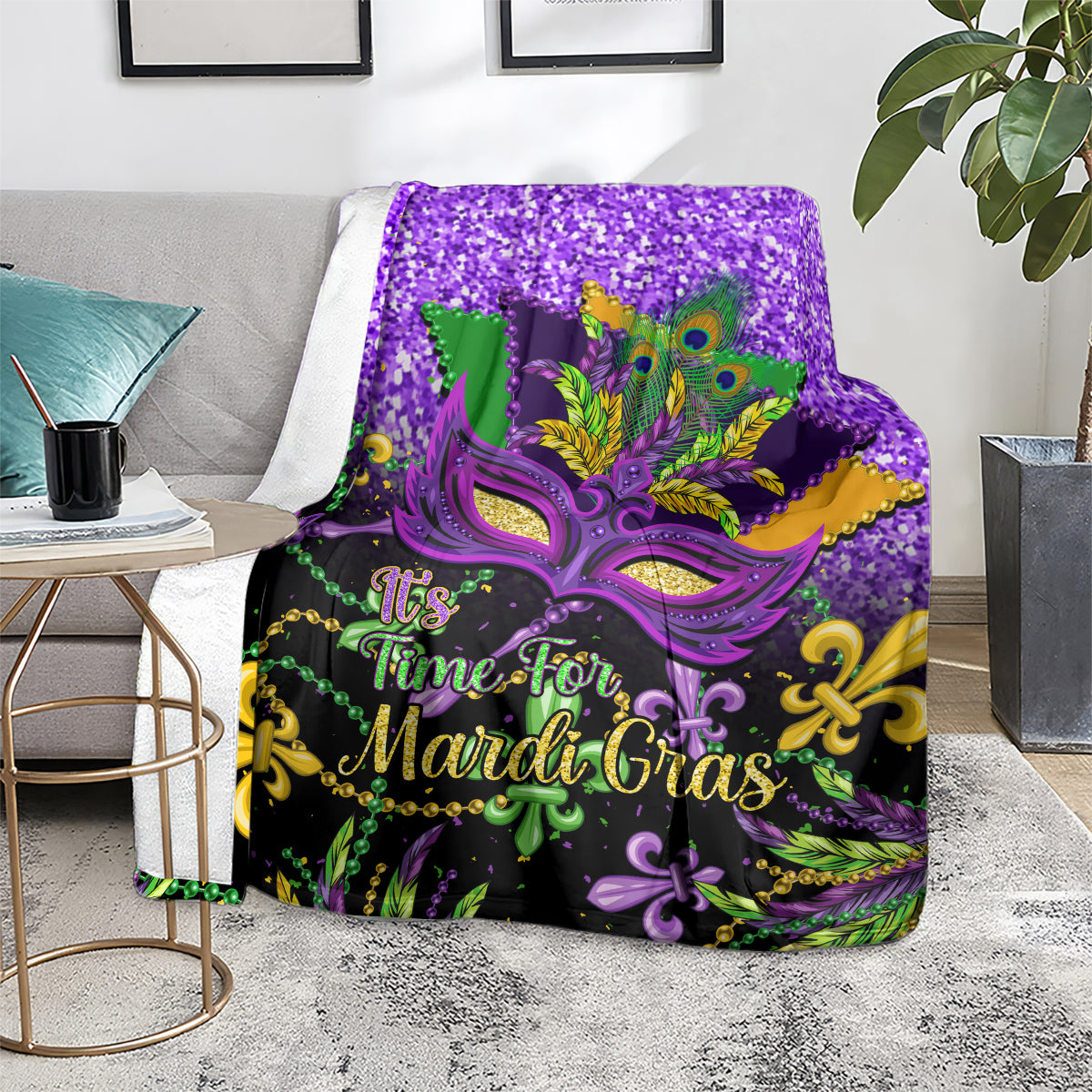 Purple Mardi Gras blanket with glitter pattern, mask design, beads and fleur-de-lis ornaments