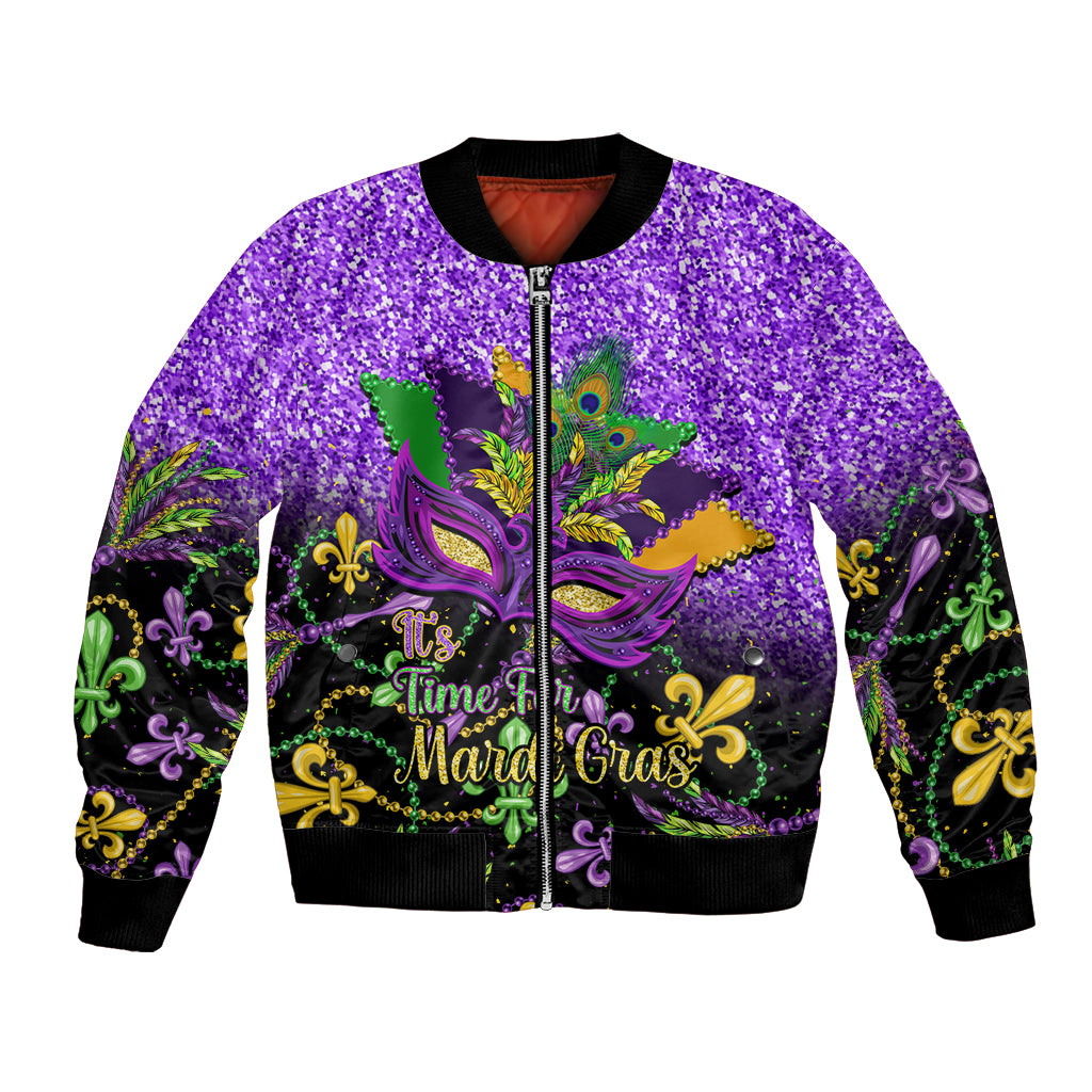 Purple bomber jacket with Mardi Gras mask graphic, full-zip front and ribbed cuffs