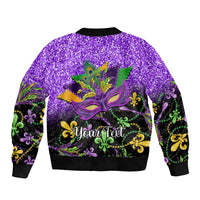 Purple bomber jacket back with Mardi Gras mask scene and custom text