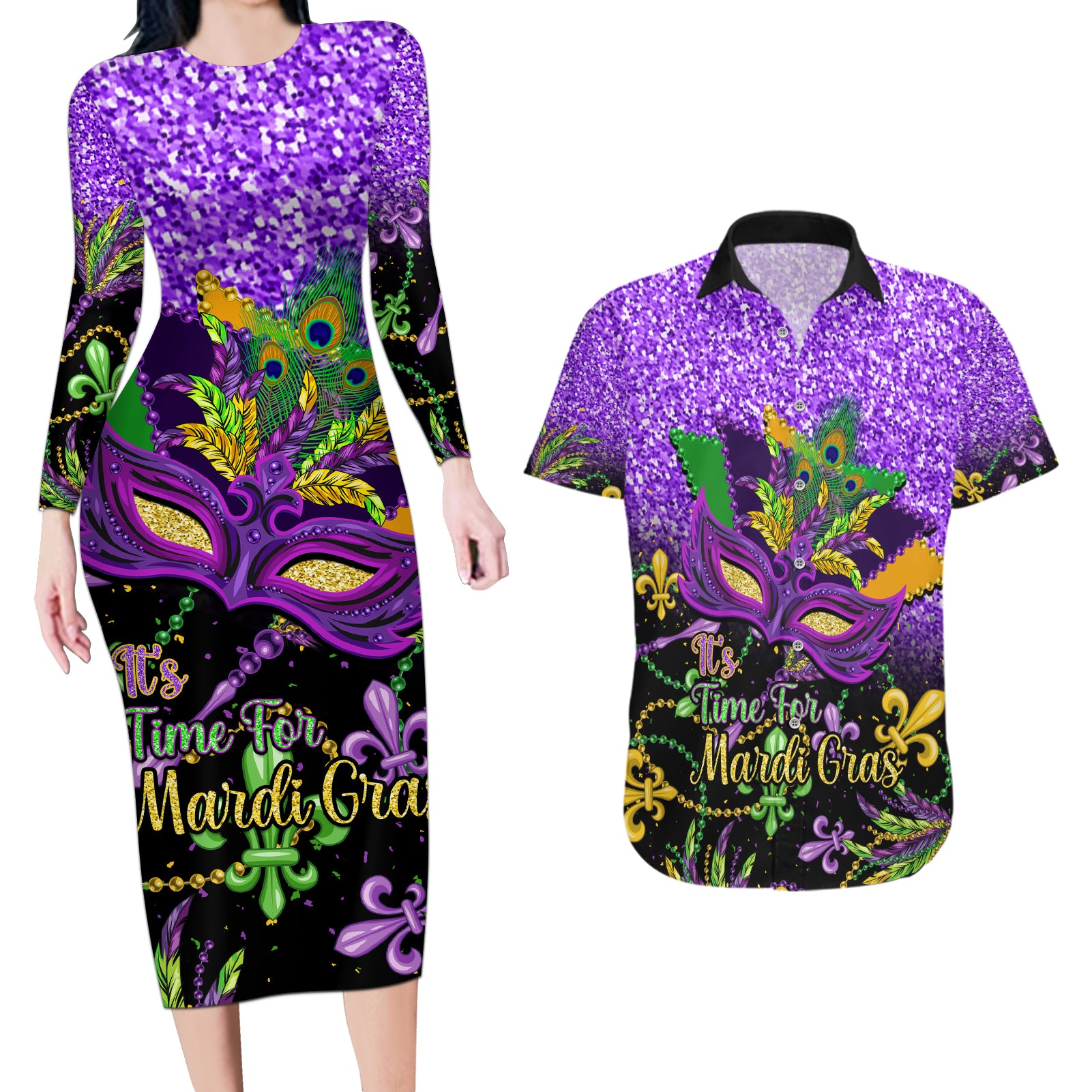 Personalised Mardi Gras Couples Matching Long Sleeve Bodycon Dress and Hawaiian Shirt Carnival Mask Happy Fat Tuesday - Wonder Print Shop