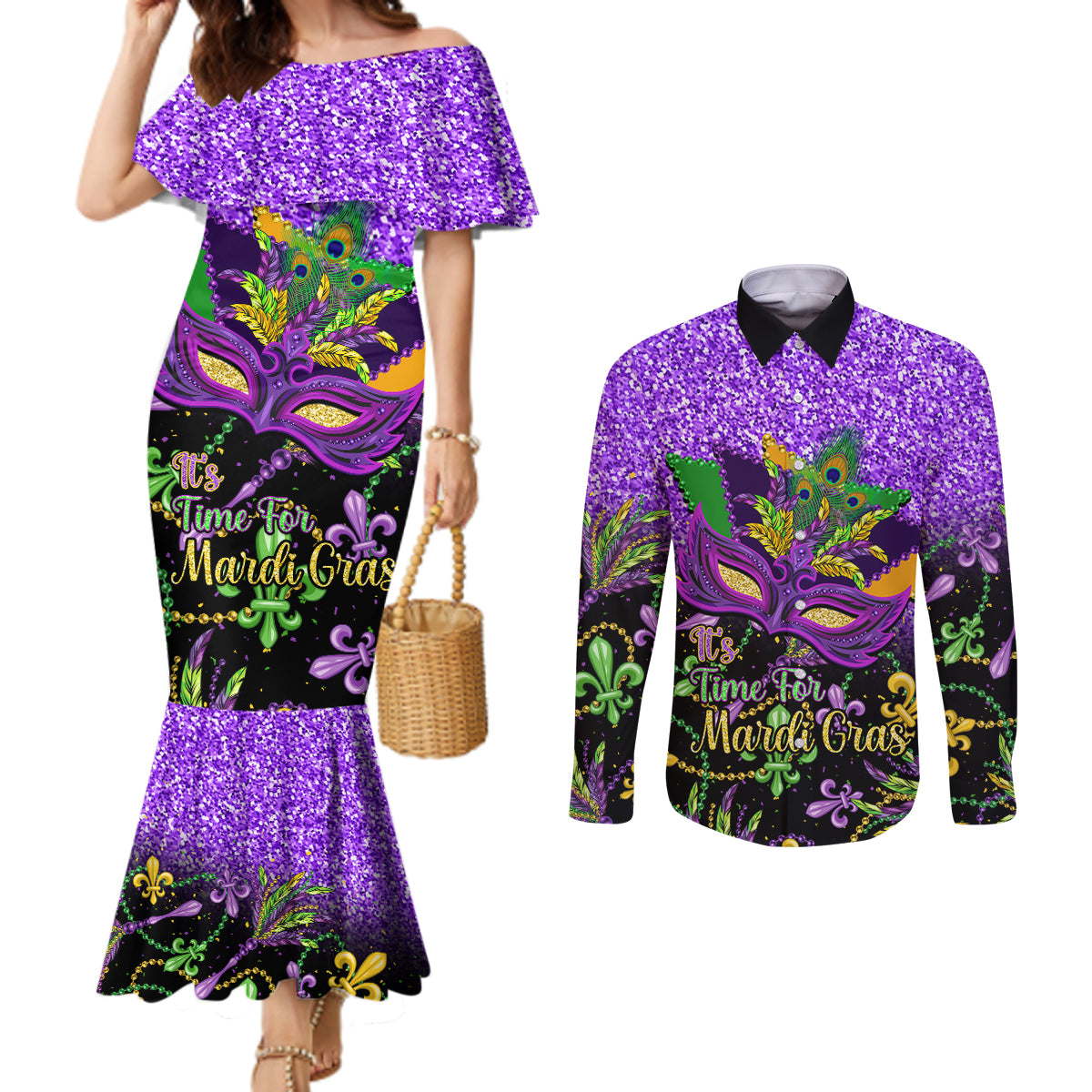 personalised-mardi-gras-couples-matching-mermaid-dress-and-long-sleeve-button-shirt-carnival-mask-happy-fat-tuesday