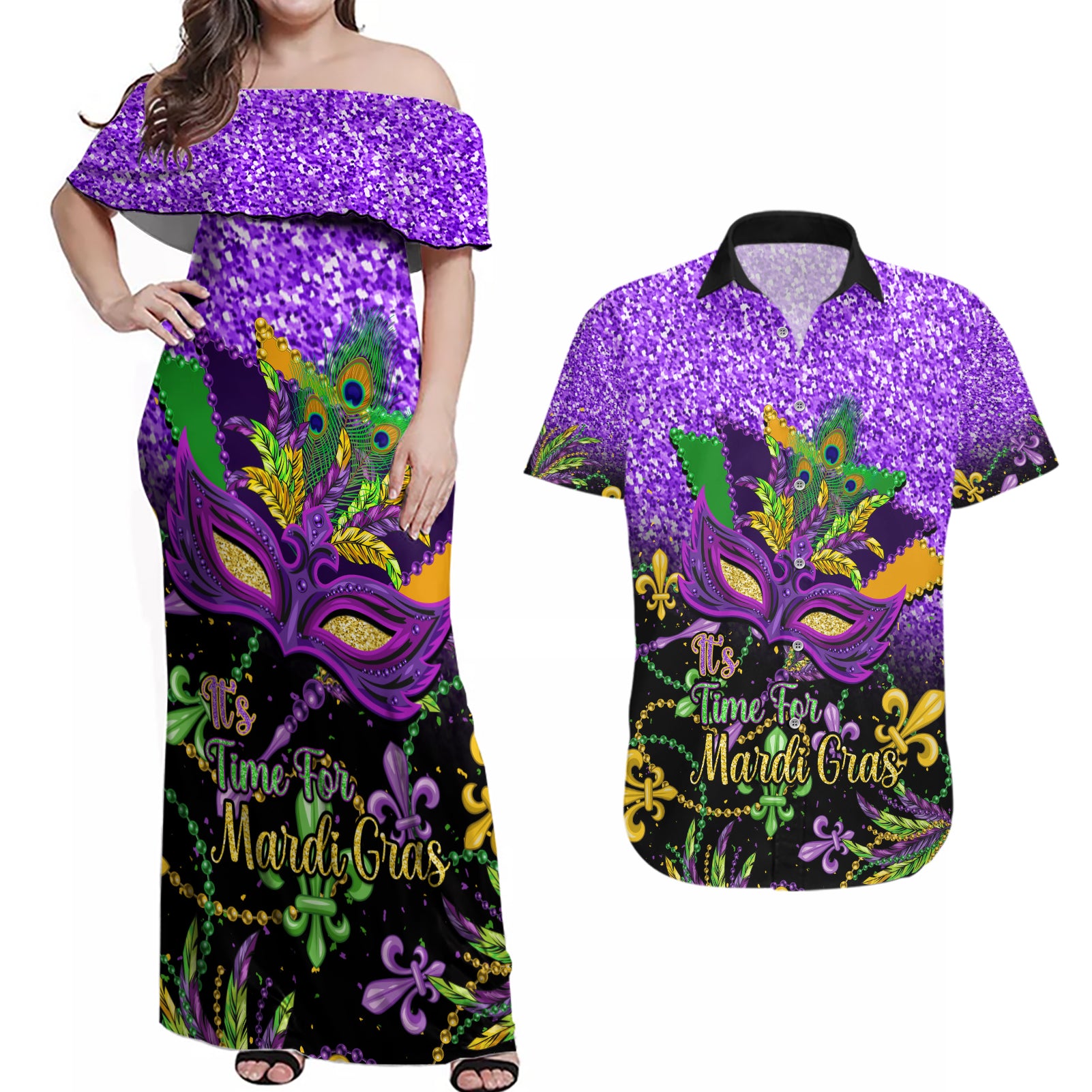 Personalised Mardi Gras Couples Matching Off Shoulder Maxi Dress and Hawaiian Shirt Carnival Mask Happy Fat Tuesday - Wonder Print Shop