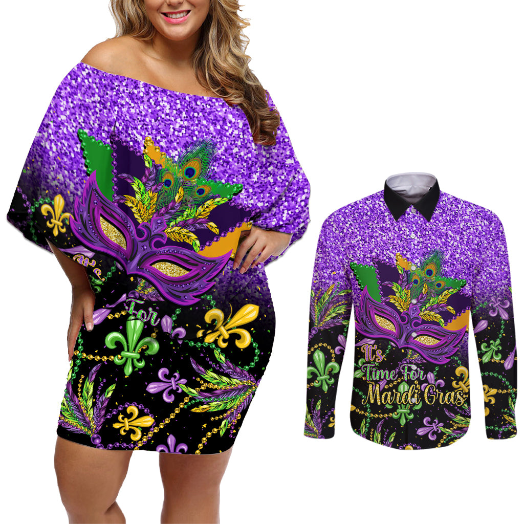 Personalised Mardi Gras Couples Matching Off Shoulder Short Dress and Long Sleeve Button Shirt Carnival Mask Happy Fat Tuesday - Wonder Print Shop