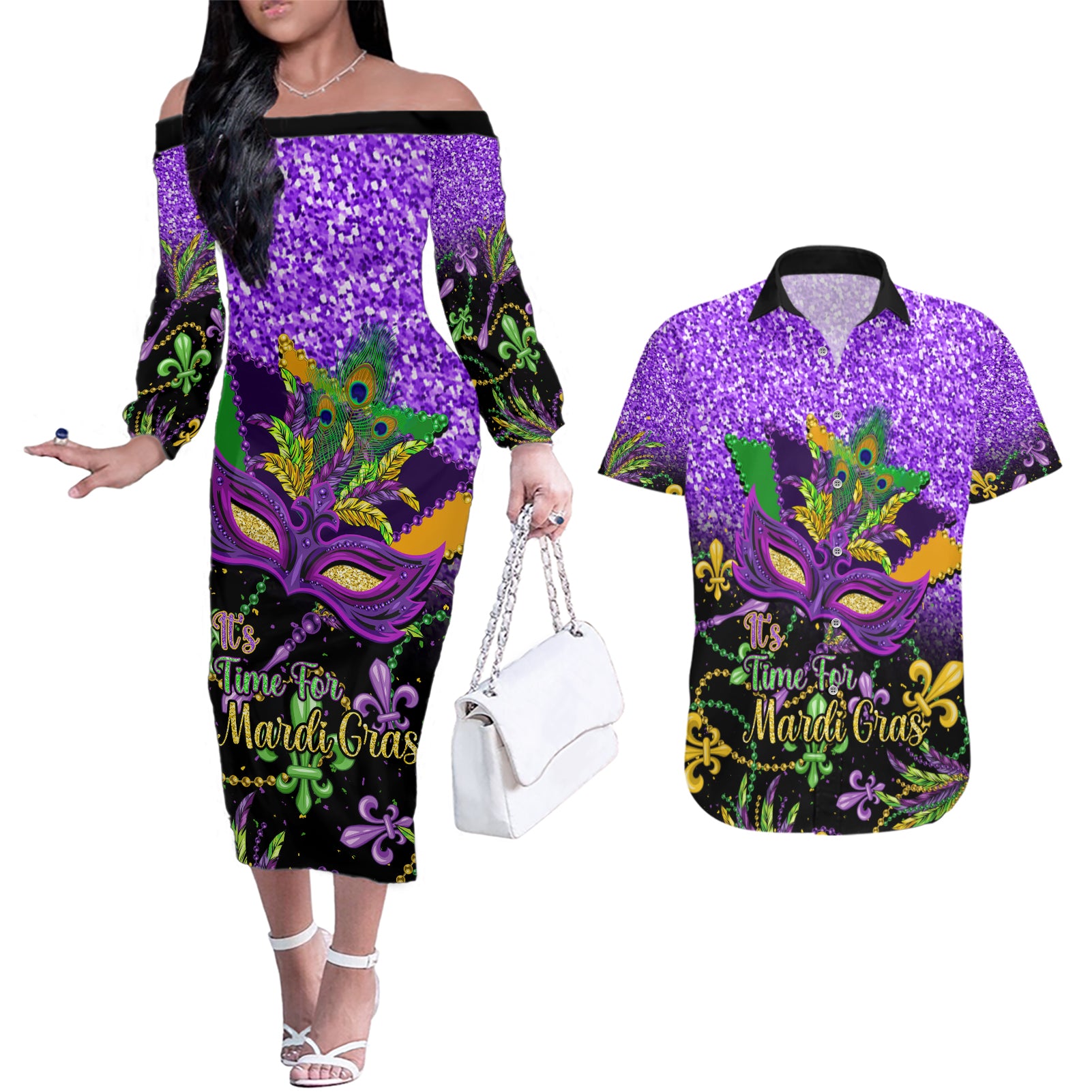 Personalised Mardi Gras Couples Matching Off The Shoulder Long Sleeve Dress and Hawaiian Shirt Carnival Mask Happy Fat Tuesday - Wonder Print Shop