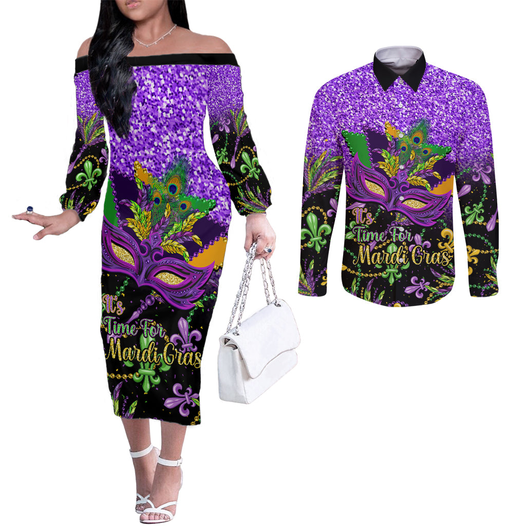 personalised-mardi-gras-couples-matching-off-the-shoulder-long-sleeve-dress-and-long-sleeve-button-shirt-carnival-mask-happy-fat-tuesday