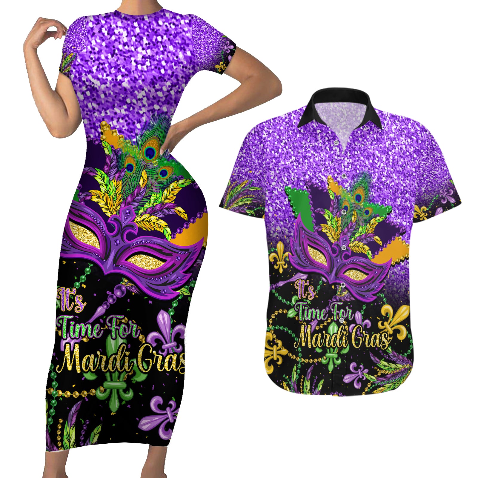 Personalised Mardi Gras Couples Matching Short Sleeve Bodycon Dress and Hawaiian Shirt Carnival Mask Happy Fat Tuesday - Wonder Print Shop