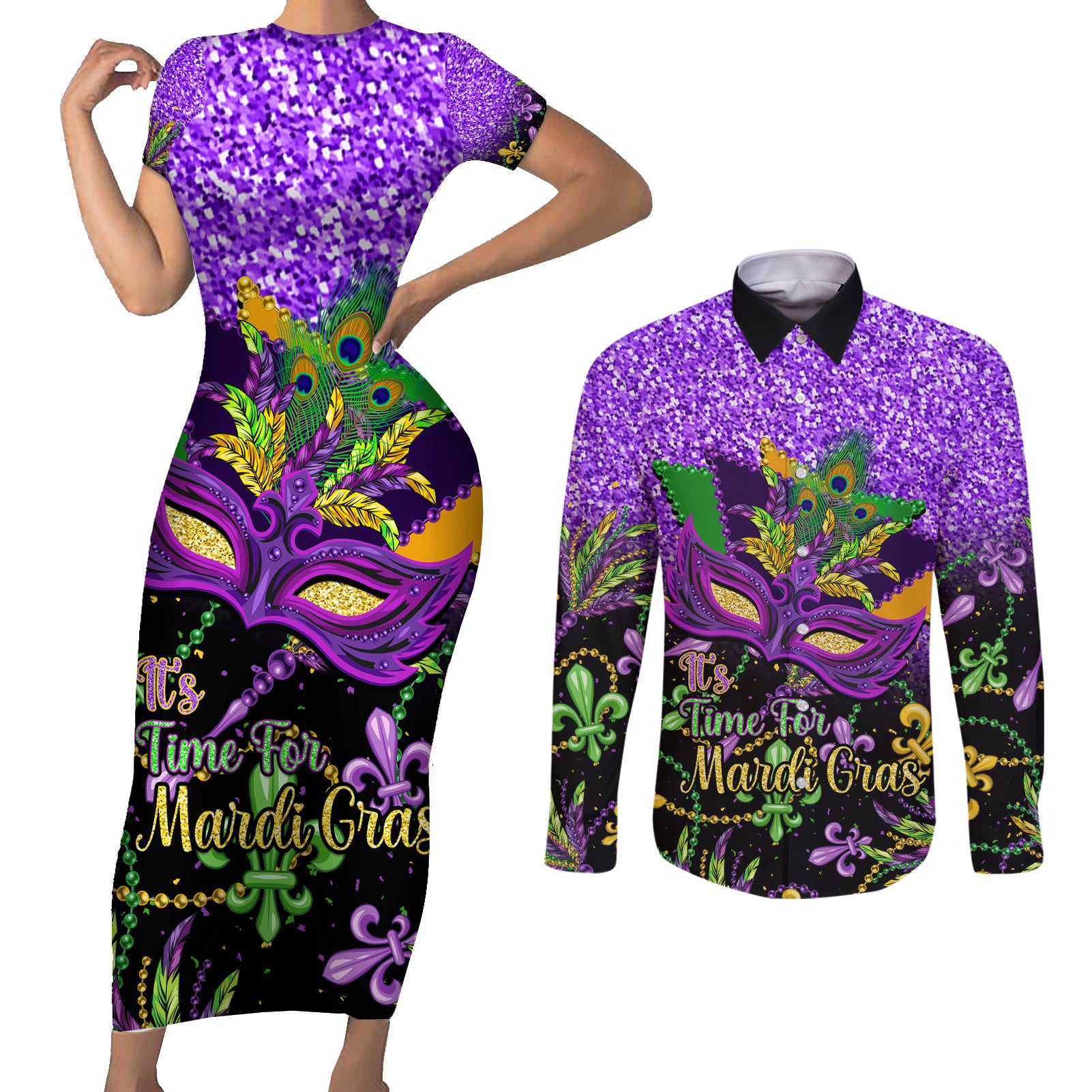 Personalised Mardi Gras Couples Matching Short Sleeve Bodycon Dress and Long Sleeve Button Shirt Carnival Mask Happy Fat Tuesday - Wonder Print Shop