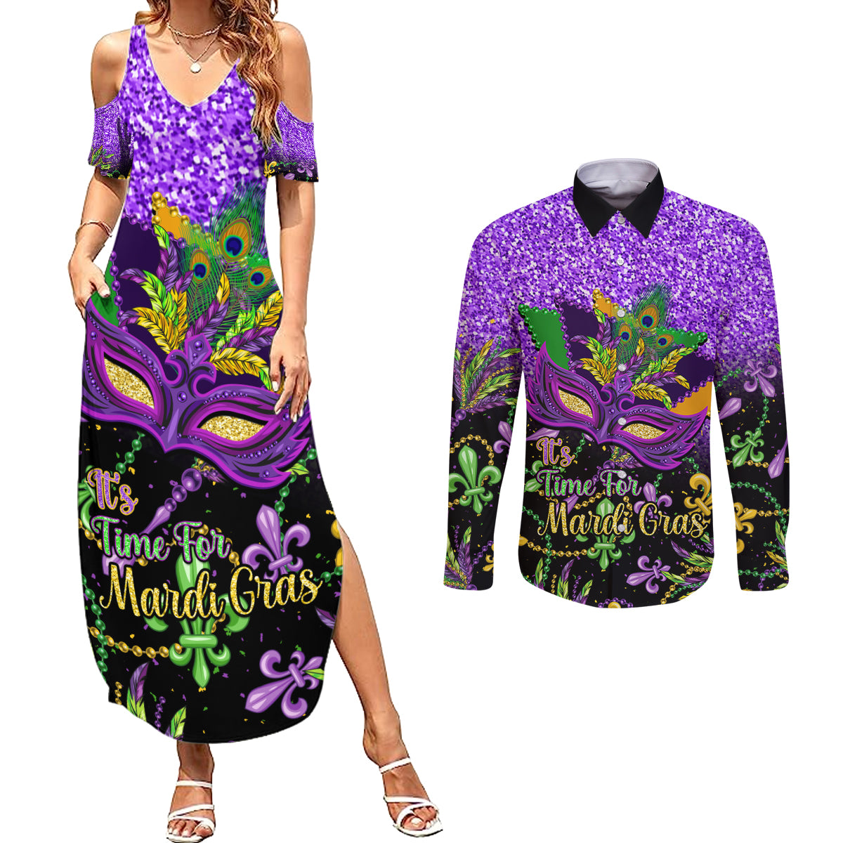 Personalised Mardi Gras Couples Matching Summer Maxi Dress and Long Sleeve Button Shirt Carnival Mask Happy Fat Tuesday - Wonder Print Shop