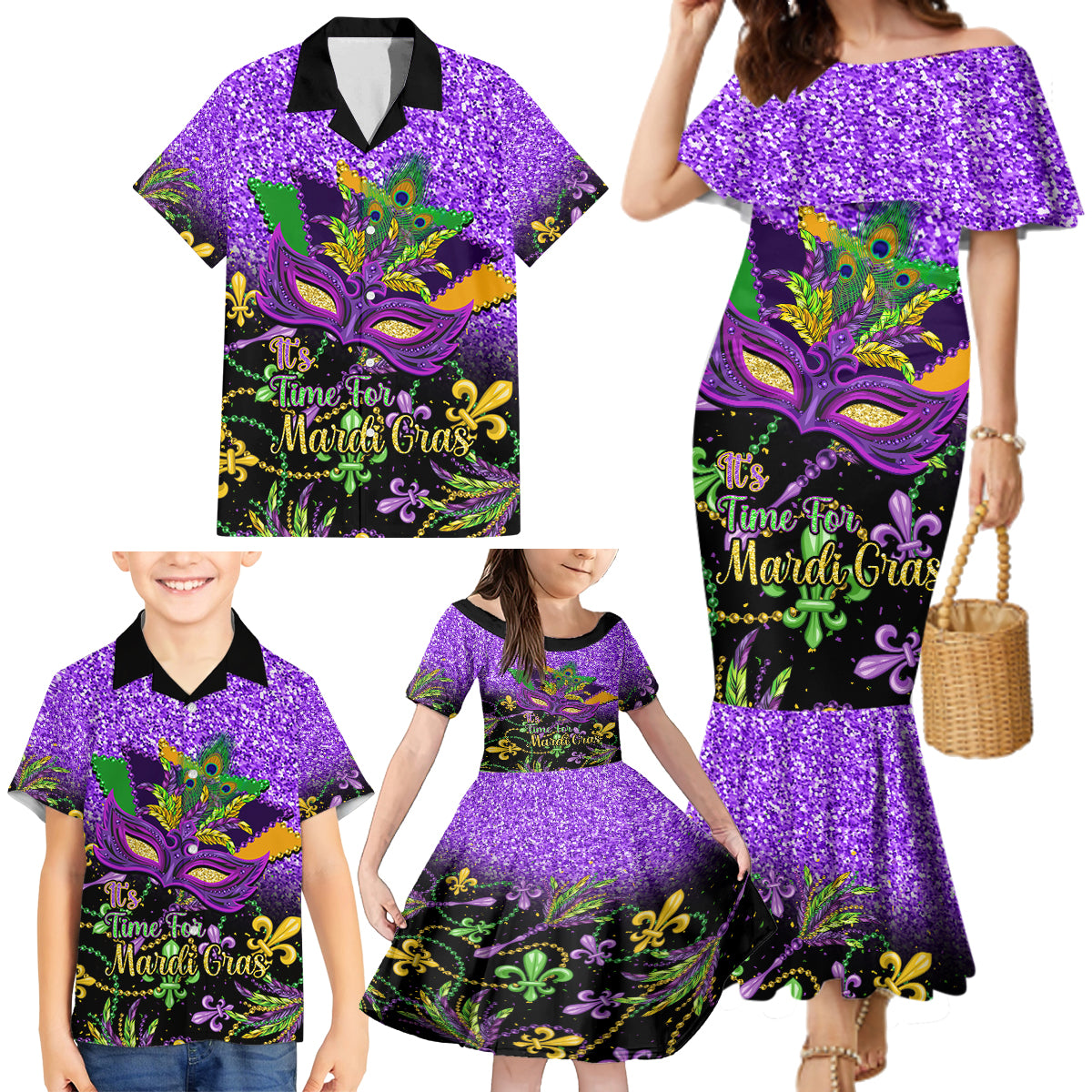 Personalised Mardi Gras Family Matching Mermaid Dress and Hawaiian Shirt Carnival Mask Happy Fat Tuesday - Wonder Print Shop