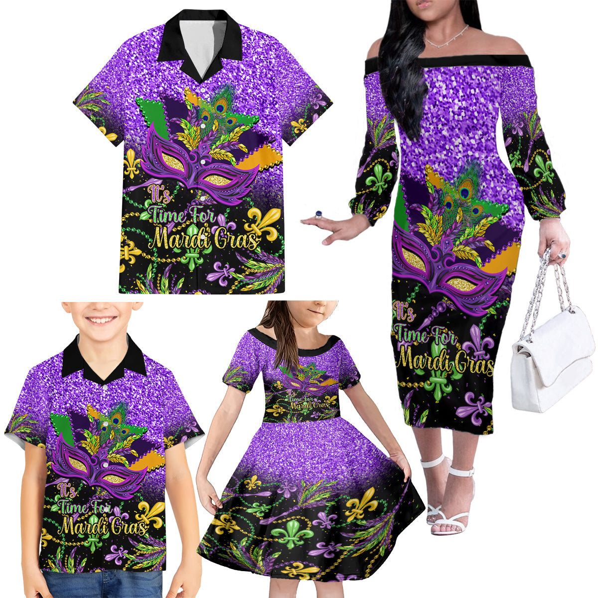 Personalised Mardi Gras Family Matching Off Shoulder Long Sleeve Dress and Hawaiian Shirt Carnival Mask Happy Fat Tuesday - Wonder Print Shop