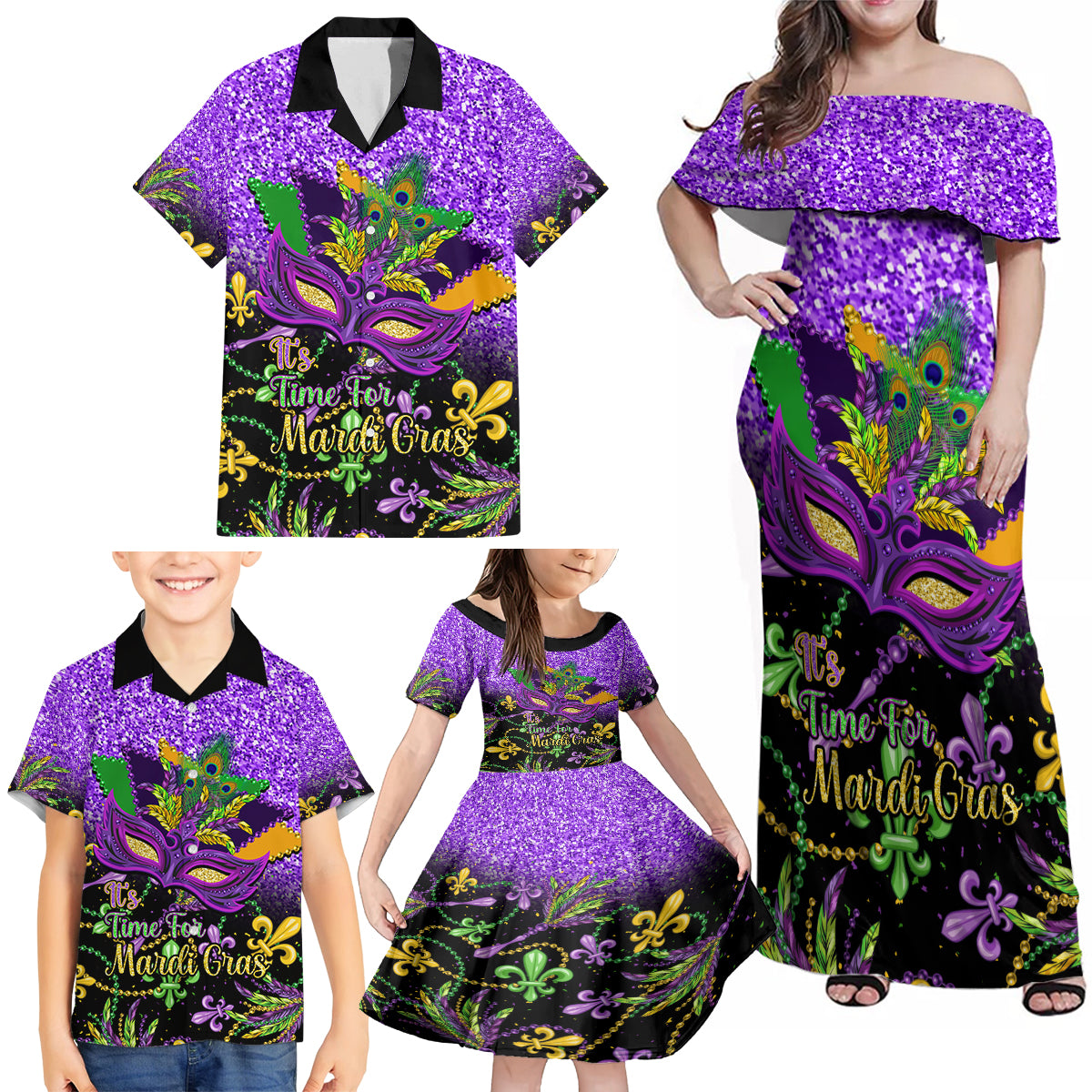 Personalised Mardi Gras Family Matching Off Shoulder Maxi Dress and Hawaiian Shirt Carnival Mask Happy Fat Tuesday - Wonder Print Shop