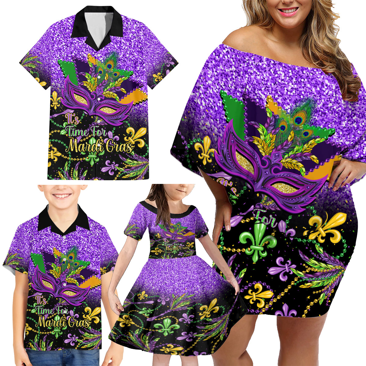 Personalised Mardi Gras Family Matching Off Shoulder Short Dress and Hawaiian Shirt Carnival Mask Happy Fat Tuesday - Wonder Print Shop