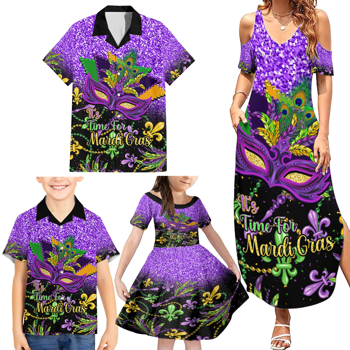 Personalised Mardi Gras Family Matching Summer Maxi Dress and Hawaiian Shirt Carnival Mask Happy Fat Tuesday - Wonder Print Shop