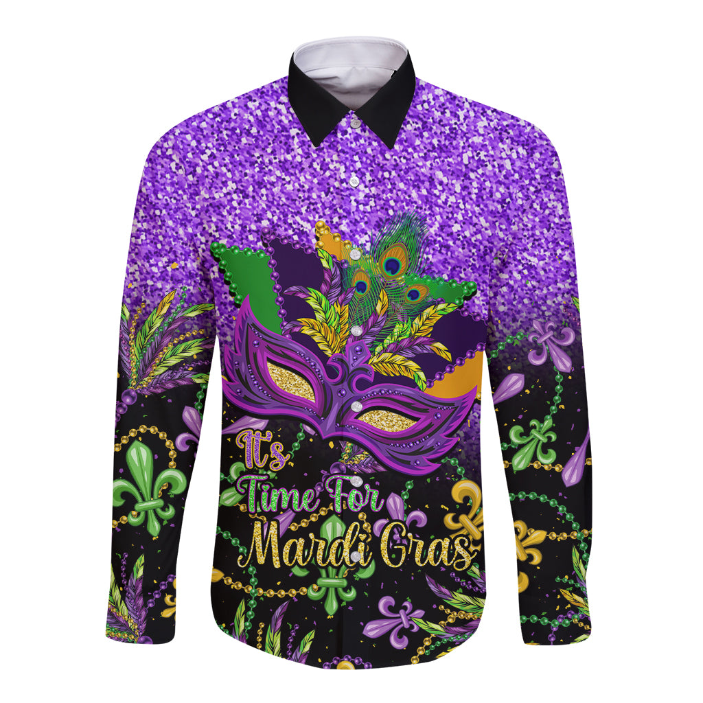 Personalised Mardi Gras Long Sleeve Button Shirt Carnival Mask Happy Fat Tuesday - Wonder Print Shop