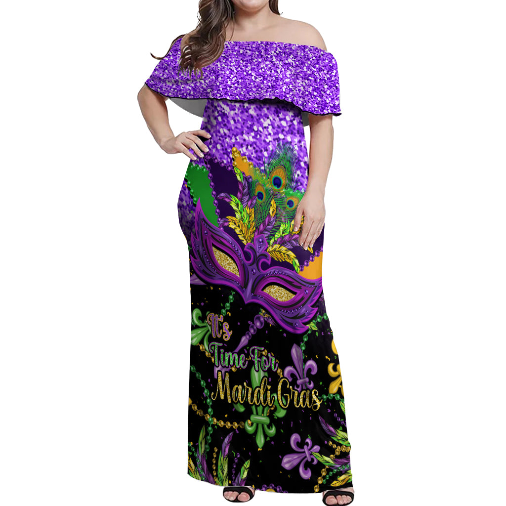 Personalised Mardi Gras Off Shoulder Maxi Dress Carnival Mask Happy Fat Tuesday - Wonder Print Shop