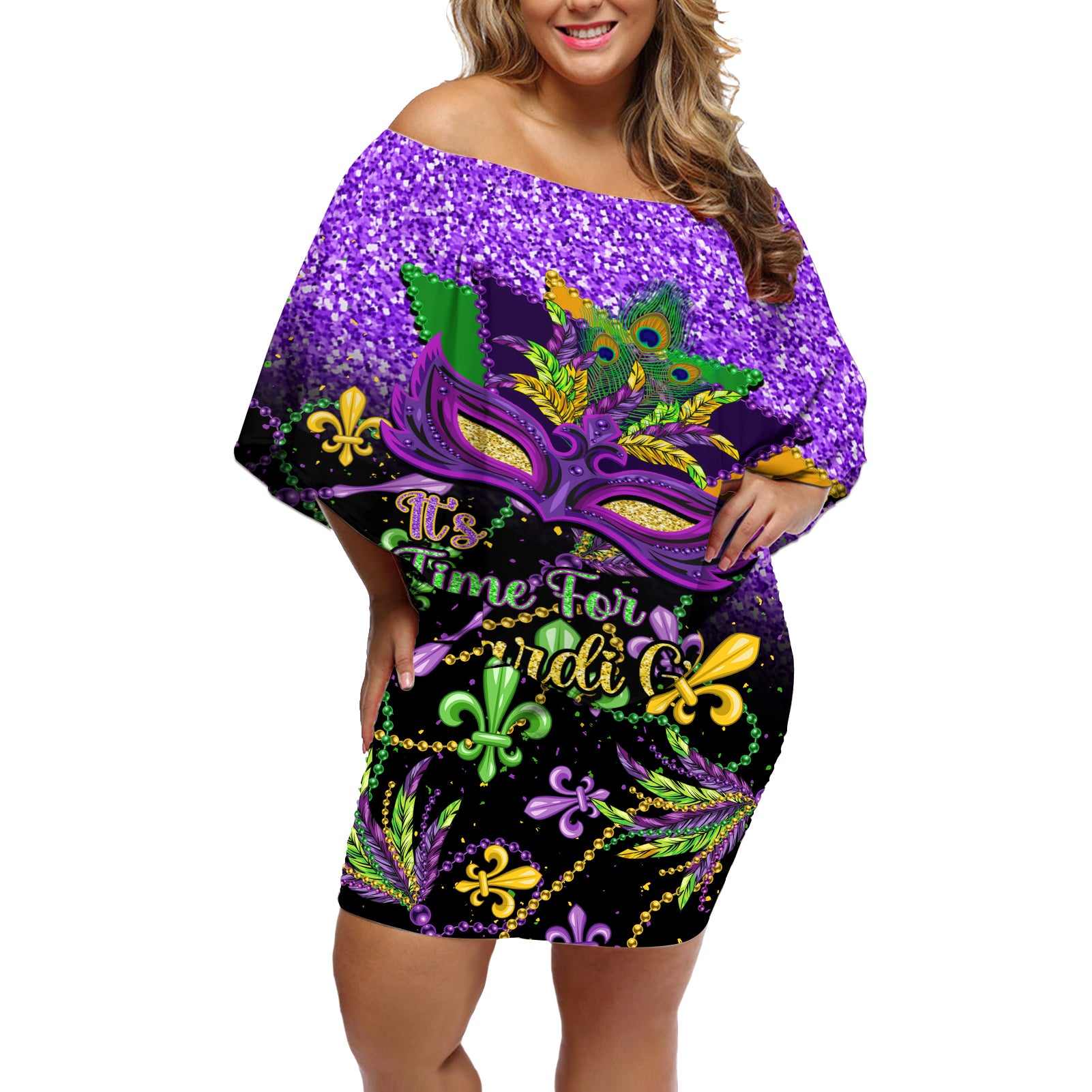 Personalised Mardi Gras Off Shoulder Short Dress Carnival Mask Happy Fat Tuesday - Wonder Print Shop