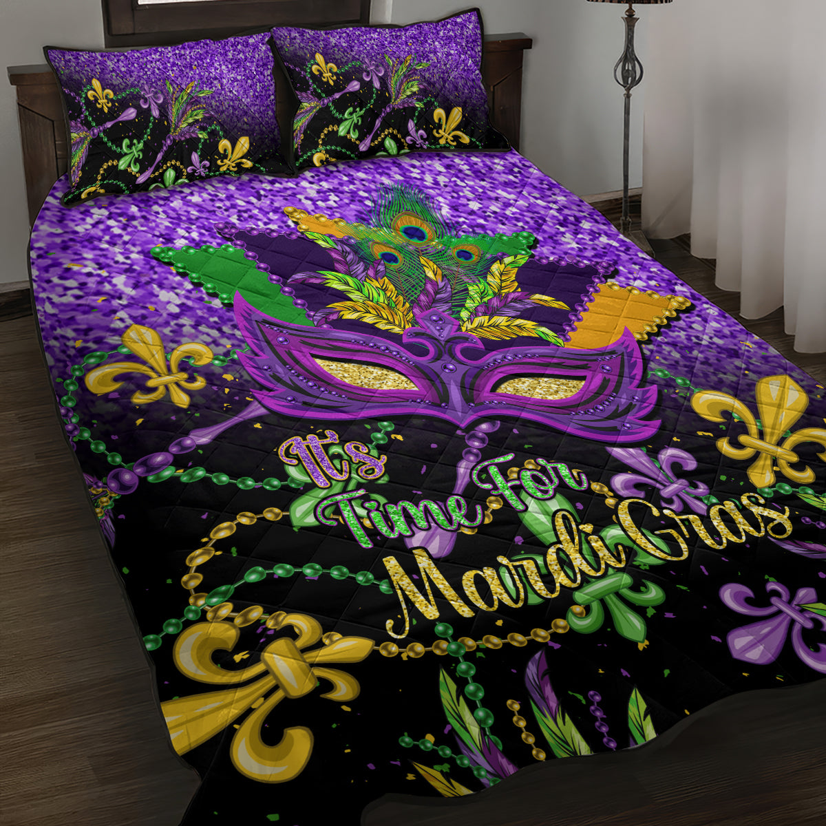 Purple quilt bed set with Mardi Gras mask, fleur-de-lis and beads on bedspread