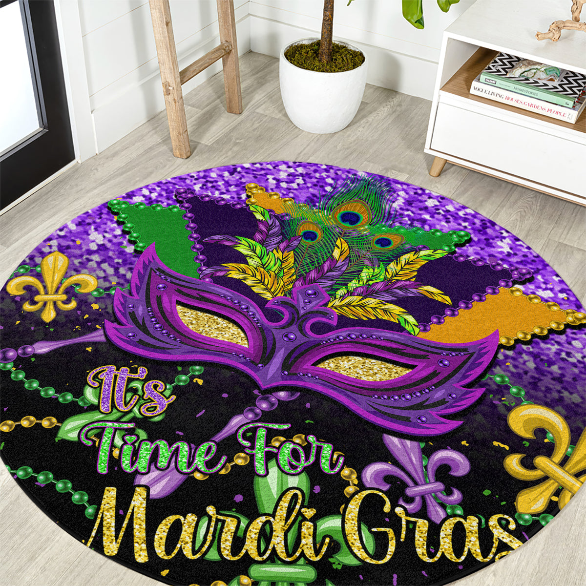 Personalised Mardi Gras Round Carpet Carnival Mask Happy Fat Tuesday