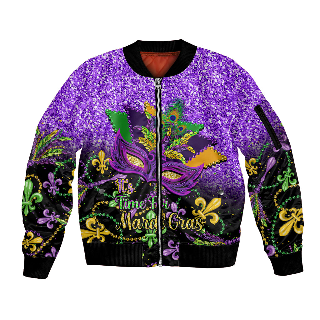 Personalised Mardi Gras Sleeve Zip Bomber Jacket Carnival Mask Happy Fat Tuesday - Wonder Print Shop