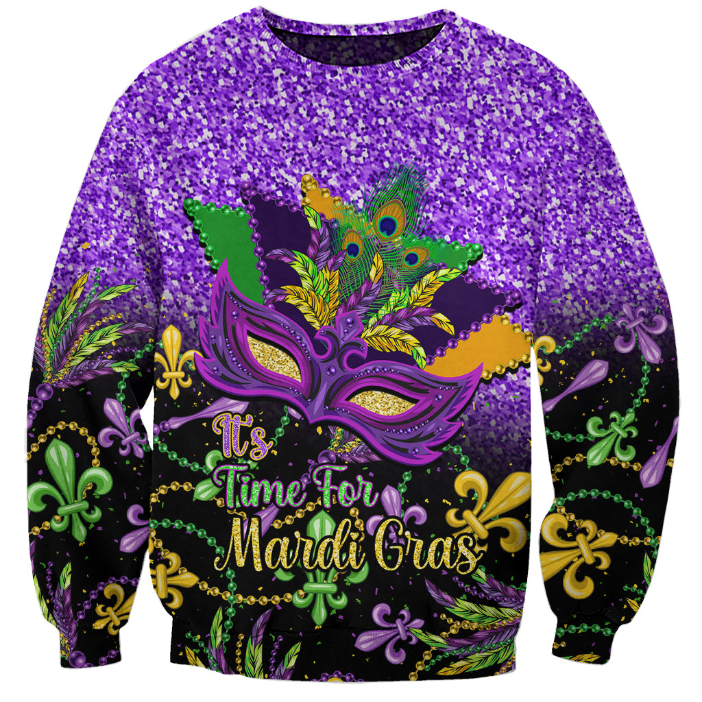 Purple unisex sweatshirt with Mardi Gras mask and feather graphic, “It’s Time for Mardi Gras”