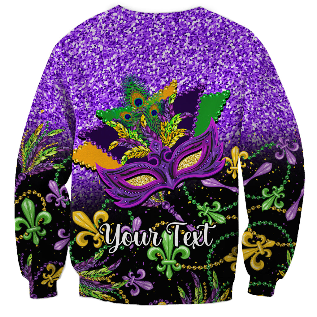 Purple unisex sweatshirt with Mardi Gras mask and feather graphic, “Your Text”