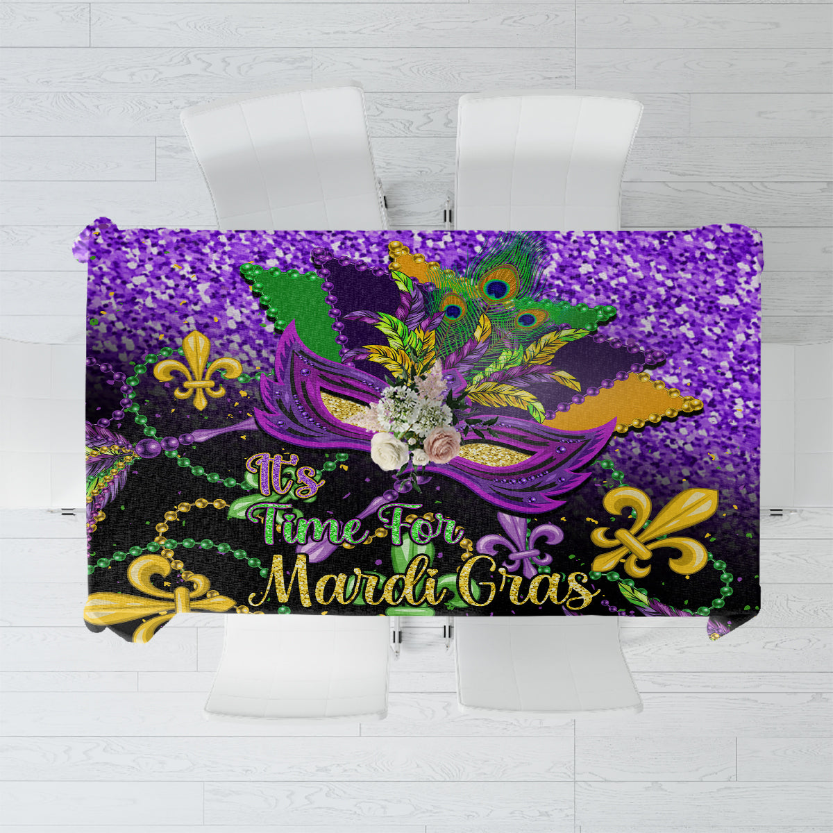 Purple Mardi Gras tablecloth with carnival mask, fleur-de-lis, and It's Time for Mardi Gras text