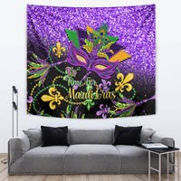Purple Mardi Gras tapestry with carnival mask, fleur-de-lis, and 'It's Time for Mardi Gras' text