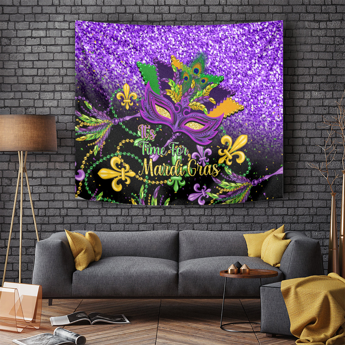 Purple Mardi Gras wall tapestry featuring ornate purple mask, green feathers, and 'Mardi Gras' text