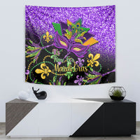 Purple Mardi Gras tapestry with carnival mask, fleur-de-lis, and 'It's Time for Mardi Gras'
